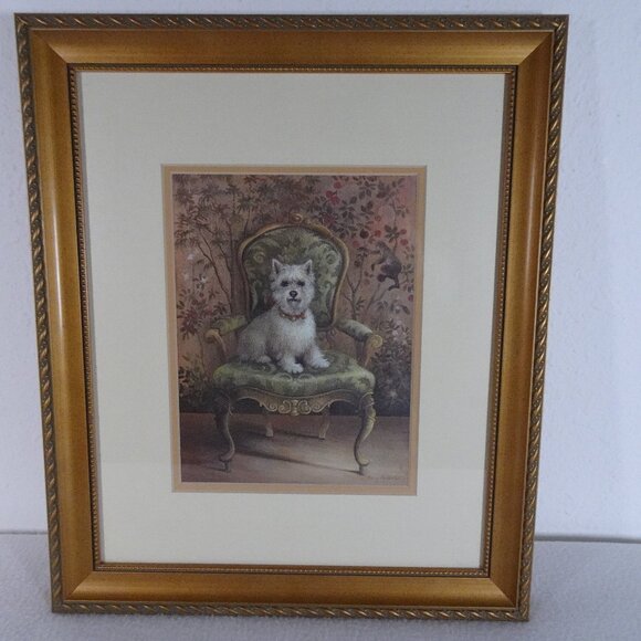 Westie Dog Print Chinoiserie by Elaine Vollherbst Gold Frame Matted 15" x 12.5" - Picture 1 of 9